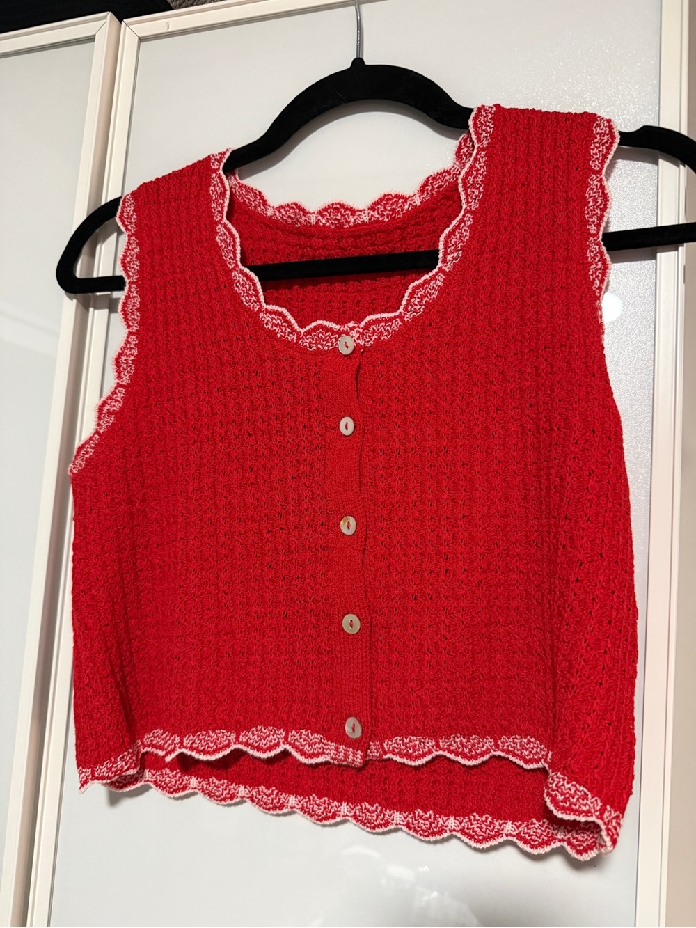 Commense Red Crochet Knit Crop Top with White Trim